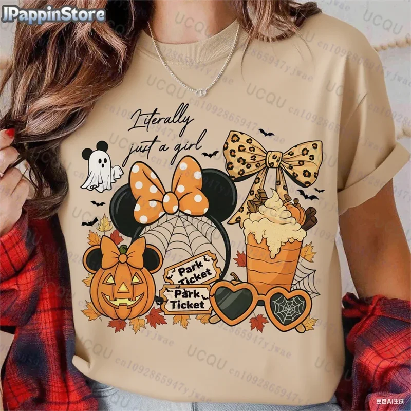 Pumpkin Mickey Halloween Short Sleeve Summer Sport Casual Women's Clothing Streetwear Classic Creative Pullover Y2K Streetwear