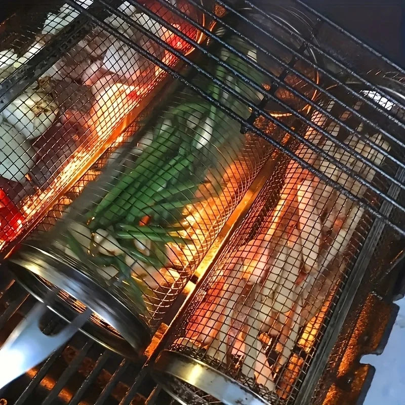 2pc Stainless Steel Rolling Grill Basket Set - Heavy Duty Cylinder Mesh for Camping, Picnic & Outdoor BBQ Accessories