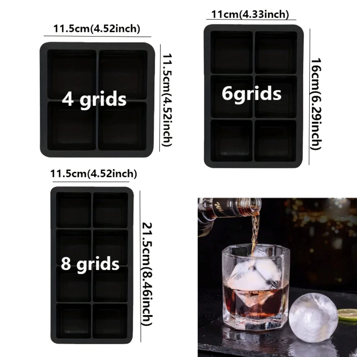 4/6/8 Grid lce Cube Tray Sicone Mold Large Food Grade lce Cube Mold DIY Candy Ice Maker lce Cube Tray Bar Pub Wine Blocks Maker