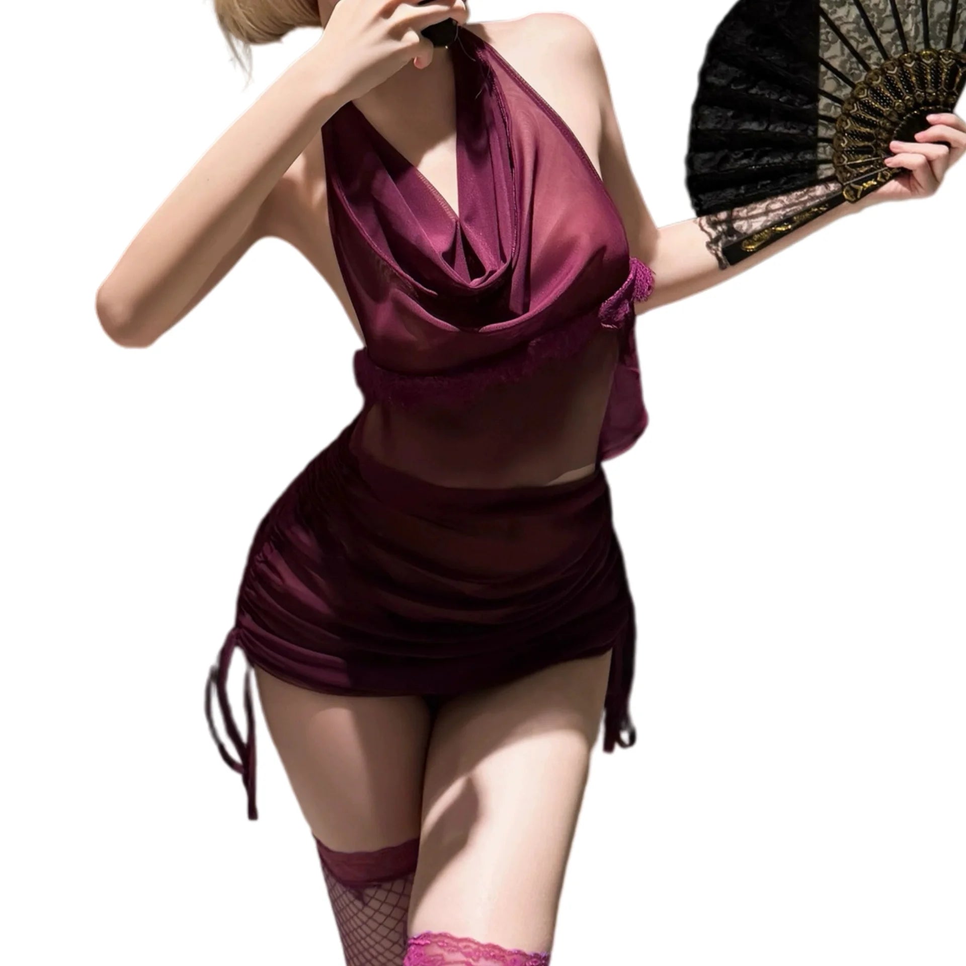 Pure Desire Purple See-through Halter Sexy Lingerie Sexy Hanging Neck Swing Collar Mesh Nightdress Split Drawstring Suit Women