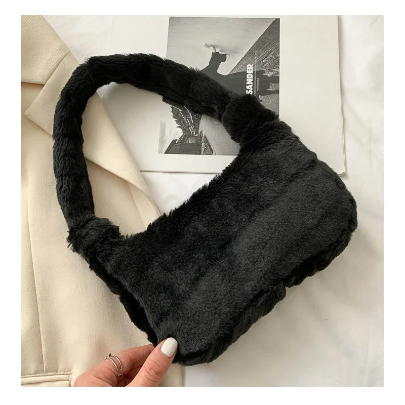 New Fluffy Totes Soft Plush Shoulder Underarm Bag Solid Color Purse Autumn Winter Handbag Women Lady Fashion Storage Pouch