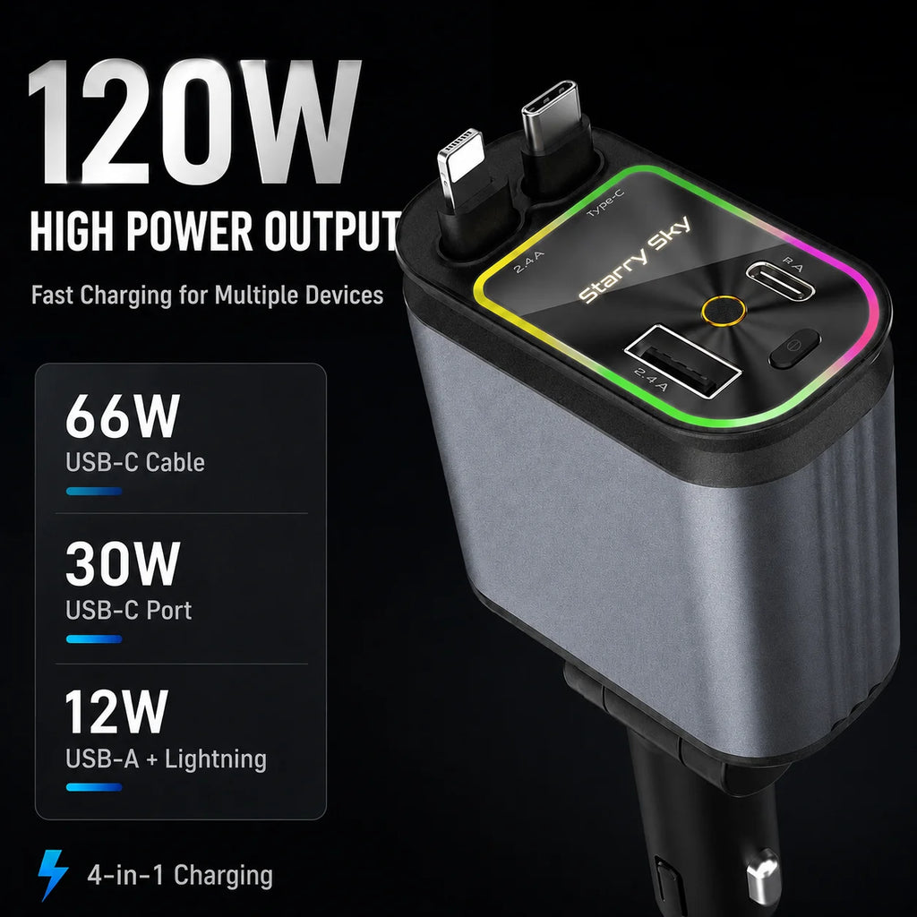 120W Retractable Car Charger with USB C Lightning Cable 4 in 1 Fast Charging Starry Sky Ambient Light USB A Type C Port