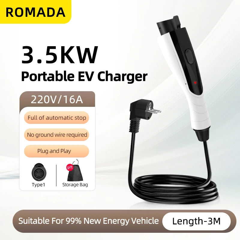 Portable EV Charger 16A 3.5KW Type1 to J1772, 3M/5M/10M Cable Electric Vehicle Charging Station for Fast Home Charging (ROMADA)