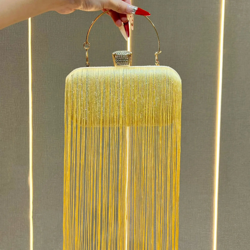New Unique Sparkly Evening Bag with Long Tassels, Women Multi-purpose Handheld Shoulder Crossbody Purse for Formal Wedding Party