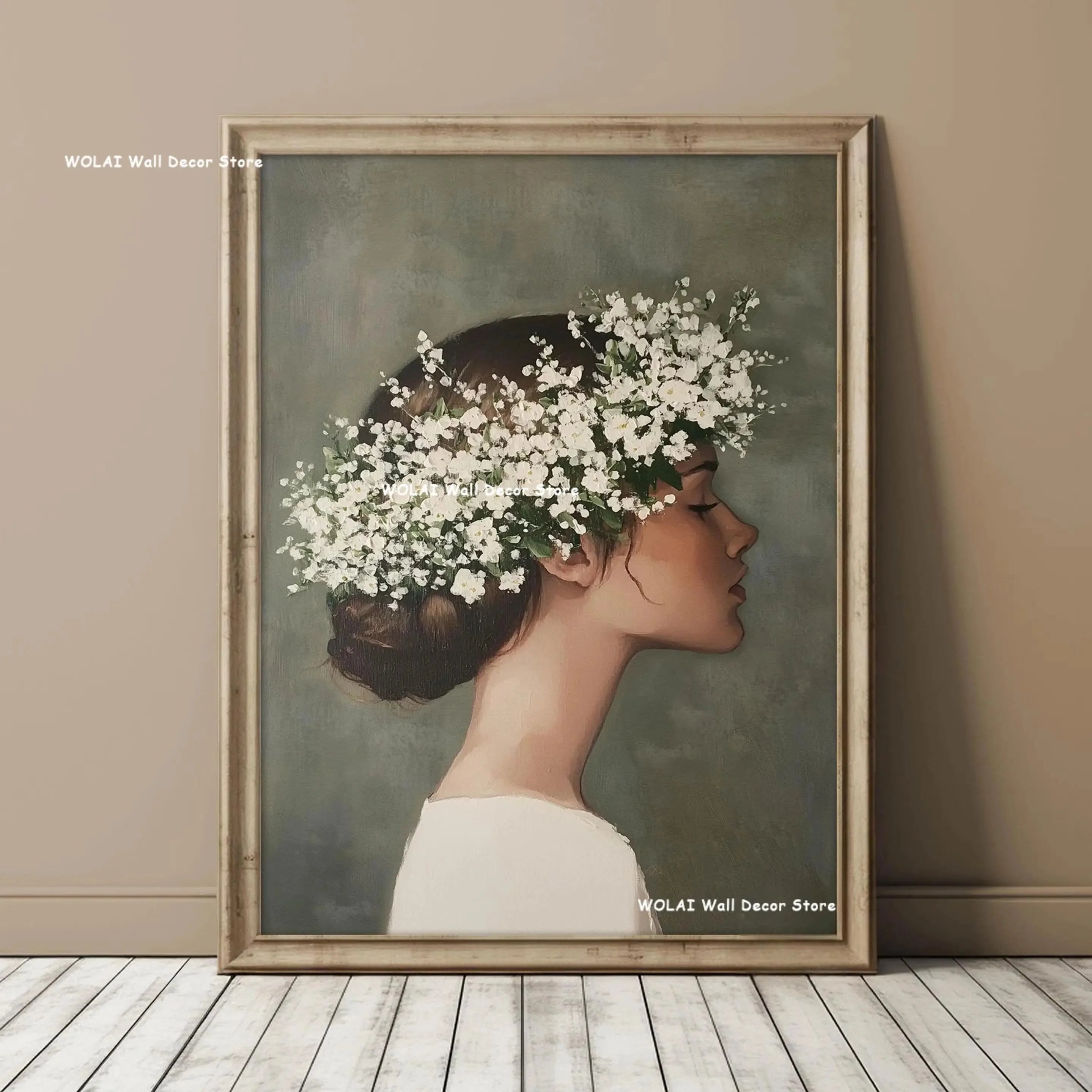 Green Abstract Figures Canvas Print with Flower Woman Minimalist Japandi Female Portrait Art Poster for Modern Living Room Decor