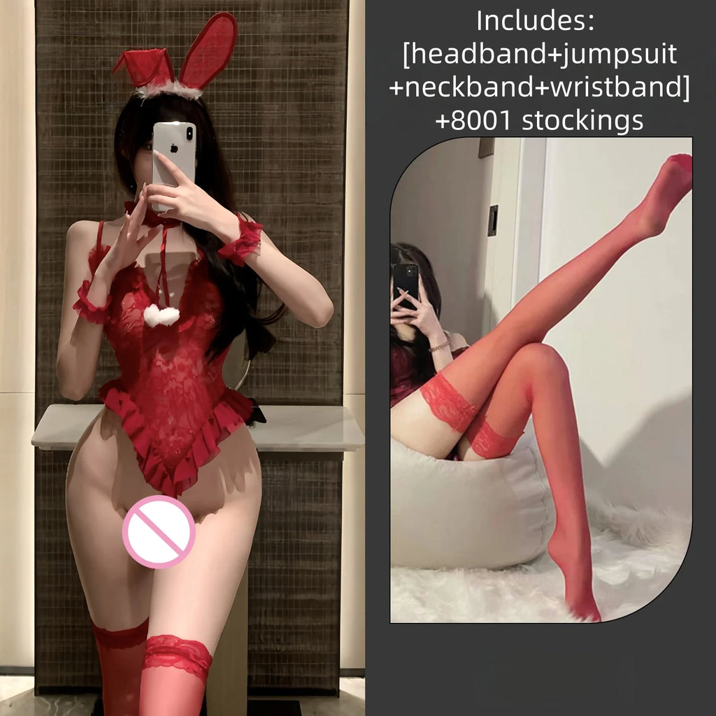 Temptation Backless Exposed Flirtatious Slit Sexy Self-cultivation Erotic Lingerie Women Lace Jumpsuit See Through Camisole Suit