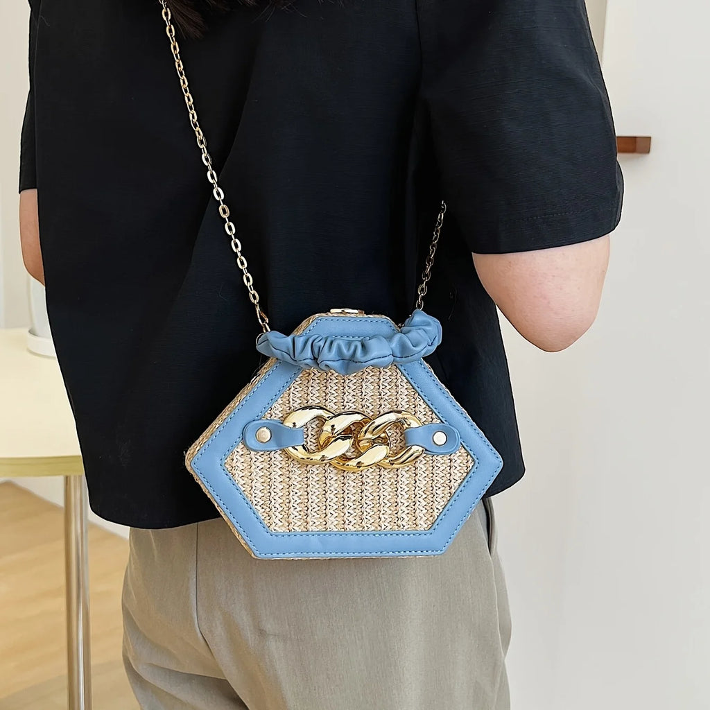 Patchwork Straw Carry-on Women's Bag Fashion Chain Diagonal Bag Summer Texture Chain Bag Woven Carry-on Box Bag