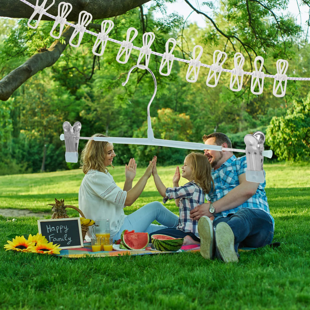 Elastic Nylon Iron Camping Clothesline Portable Travel Clothes Line with Clips Hooks for Tent Securing Drying Outdoor Essentials