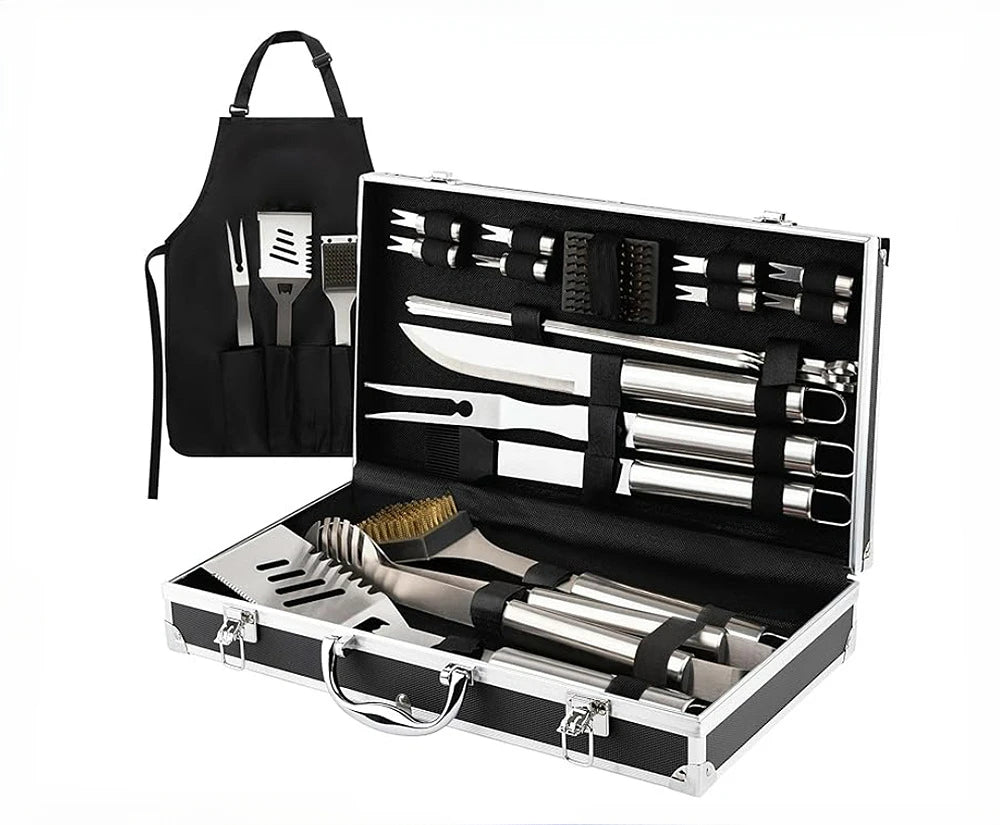 Stainless Steel Grillware Aluminium Case Set Grill Knife Fork Spatula Brush Outdoor BBQ Tools Combination Set