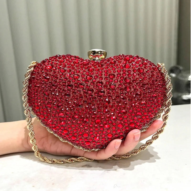Luxury Diamond Inlay Heart Shape Crystal Clutch Purse Stones Evening Wedding Party Shoulder Bag Handle Rhinestone Mini Handbags