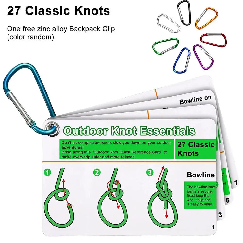 Portable Waterproof Knot Guide Cards Mini Carabiner Practical Knots Camping Backpacking Bushcraft Outdoor Survival Adventure Use