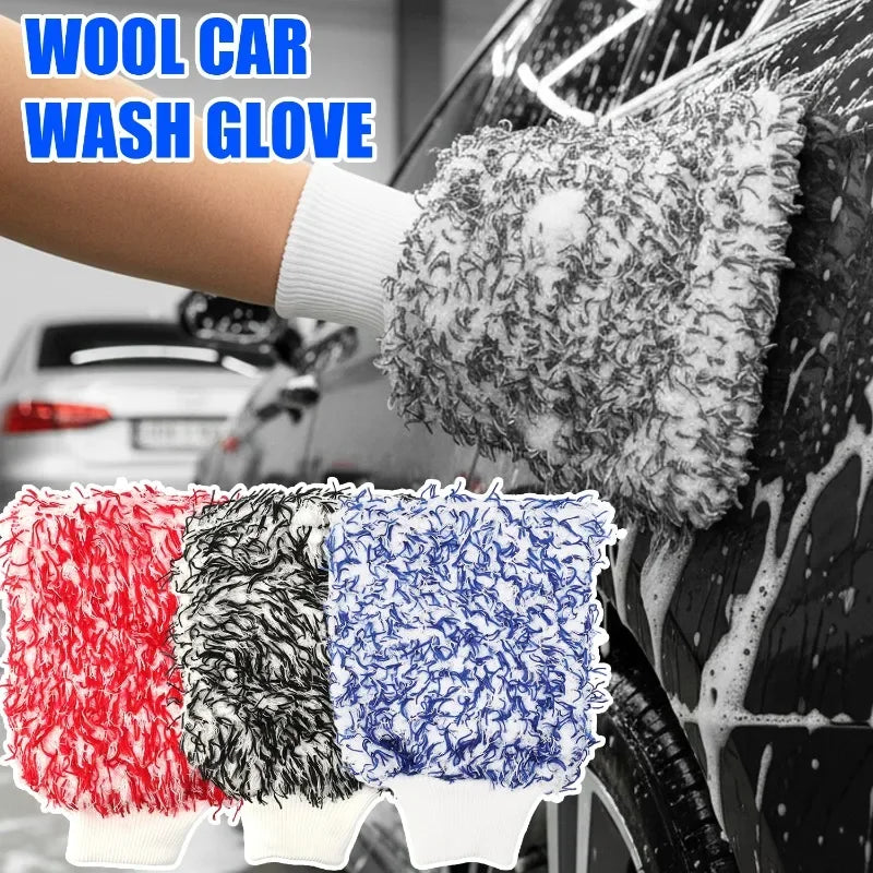Plush Car Wash Gloves Wool-Lined Thickened Anti-Slip Car Wash Gloves with Brush Cleaning Accessories Car Cleaning Tools