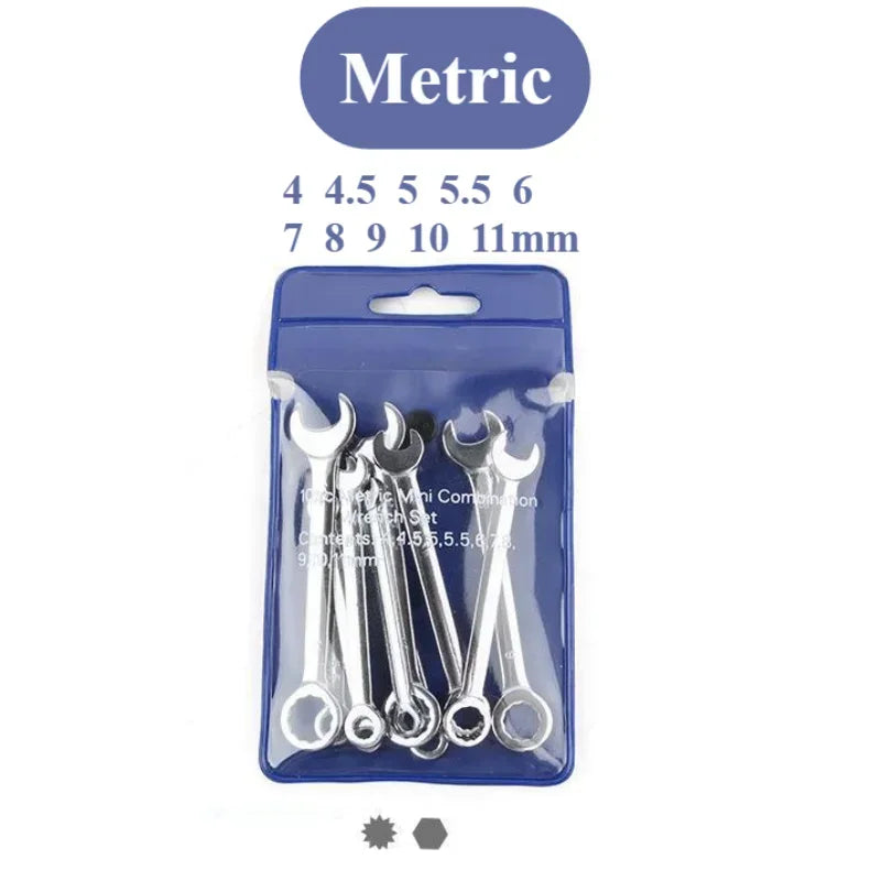 New 10 Pcs Mini Open End Wrench 4-11mm Metrci / Imperial Standard 45# Steel Double End Ratchet Wrenches Mini Combination Spanner