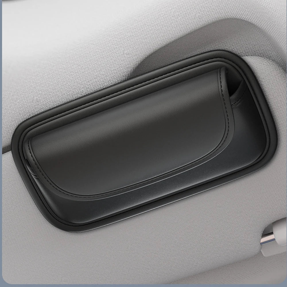 Car Glasses Case Wear-Resistant PU Leather Sunglasses Holder Hook and Loop Fastener Eyewear Protection Box Scratch-Free