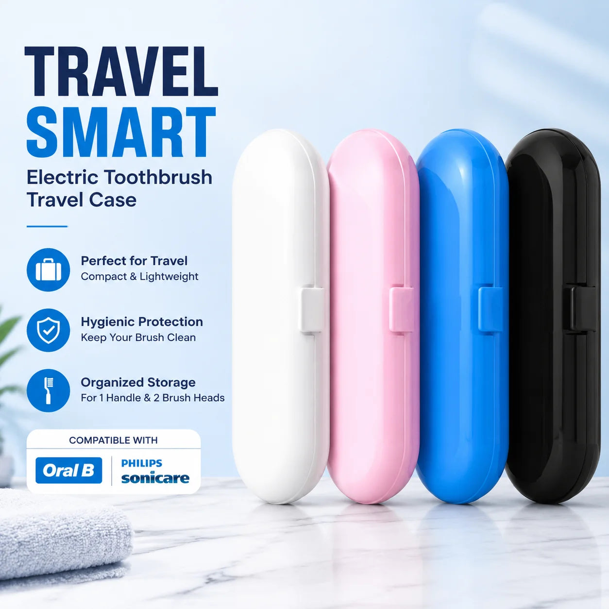Electric Toothbrush Travel Case Compatible with Oral B & Philips Sonicare, Portable Storage Box for 1 Handle & 2 Brush Heads,
