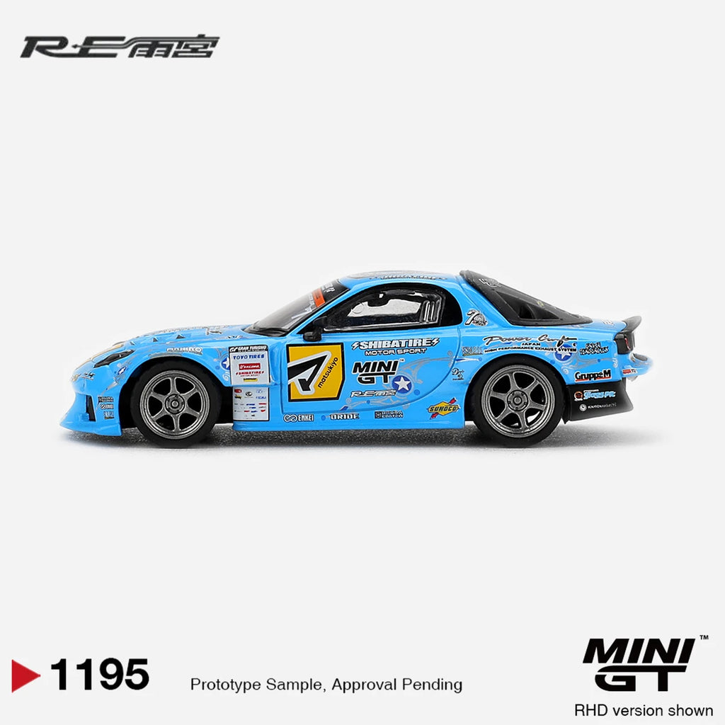 MiniGT 1:64 Mazda RX-7 RE-Amemiya 2025 D1GP Drift Diecast Car MGT01195 Light Blue Full Sponsor Livery RHD Drift Model in Stock
