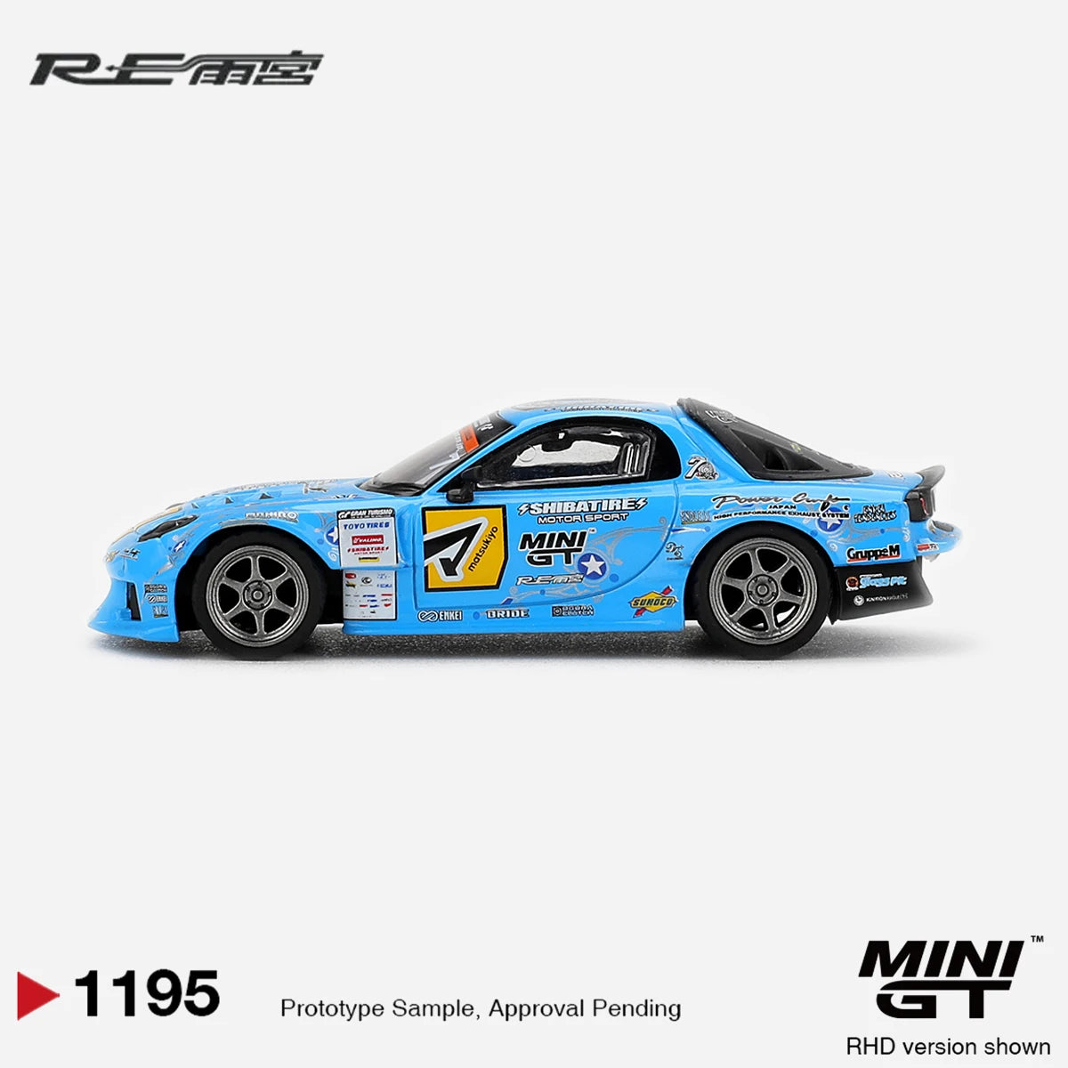 MiniGT 1:64 Mazda RX-7 RE-Amemiya 2025 D1GP Drift Diecast Car MGT01195 Light Blue Full Sponsor Livery RHD Drift Model in Stock
