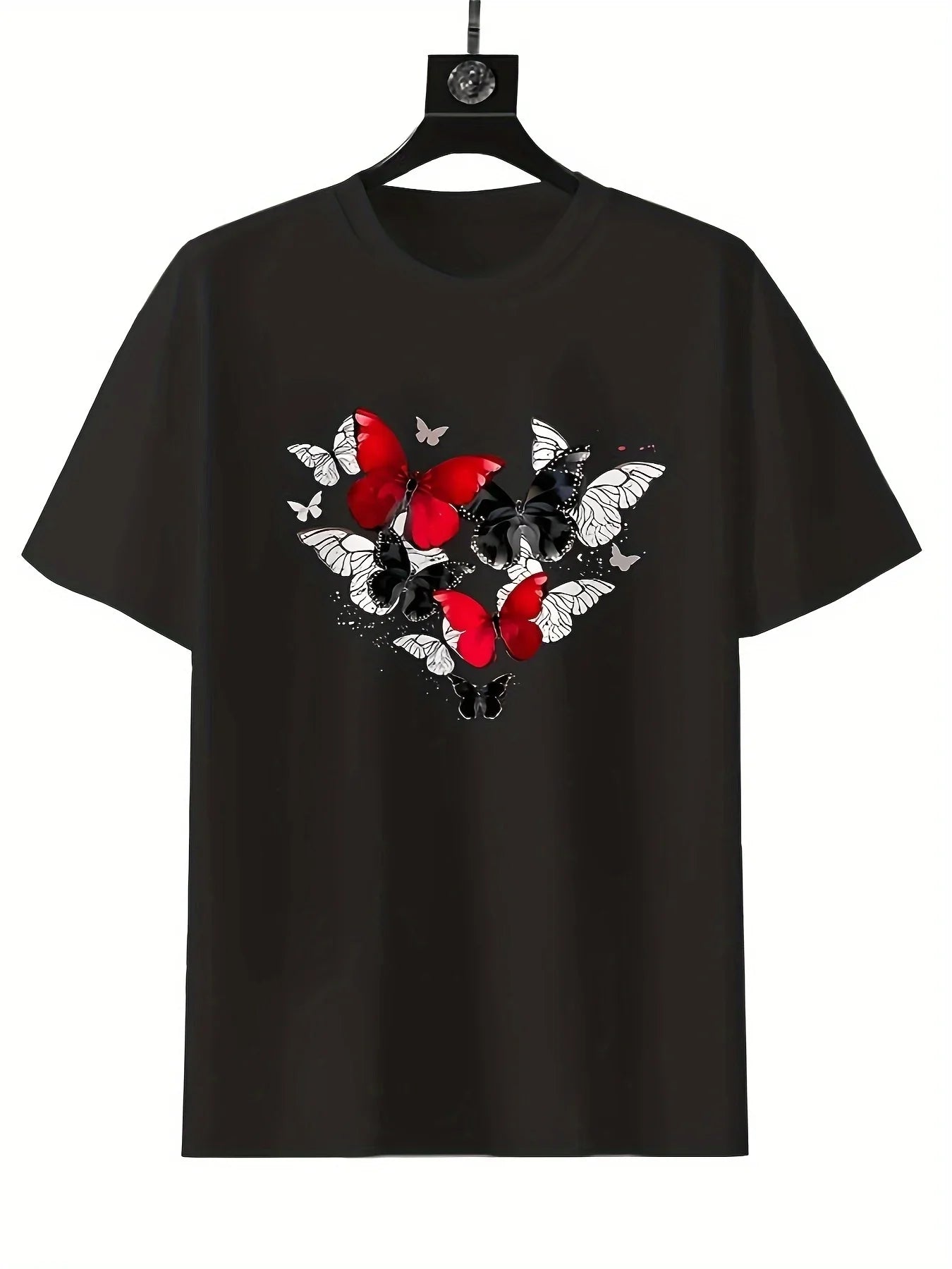 Women's Red Butterfly Heart Print Plus Size T-Shirt Short Sleeve Round Neck Casual Top for & All-Season Wear