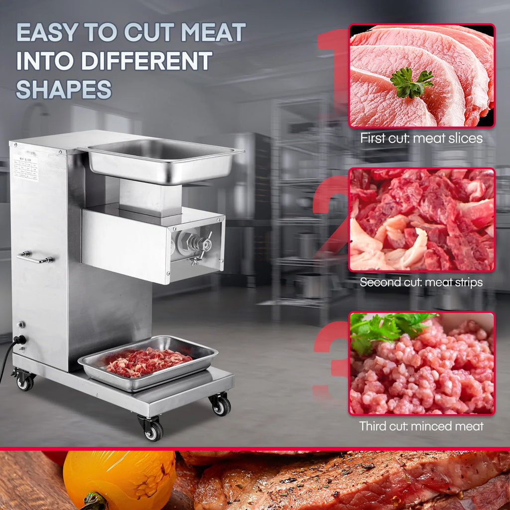 Commercial Meat Cutter Machine, 551Lbs/H Electric Meat Slicer with 3mm Stainless Steel Blades, Removable Dual Blades, Cubes & Strips & Slices, Heavy Duty for Beef Chicken Lamb Pork, 110V – Stainless Steel