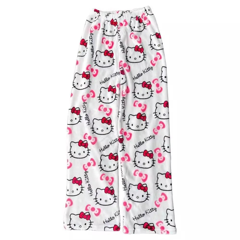 New Autumn Winter Flannel Popular Hello Kitty Pajama Pants Thickened Velvet Warm Casual Cartoon Home Pants Casual Comfortable