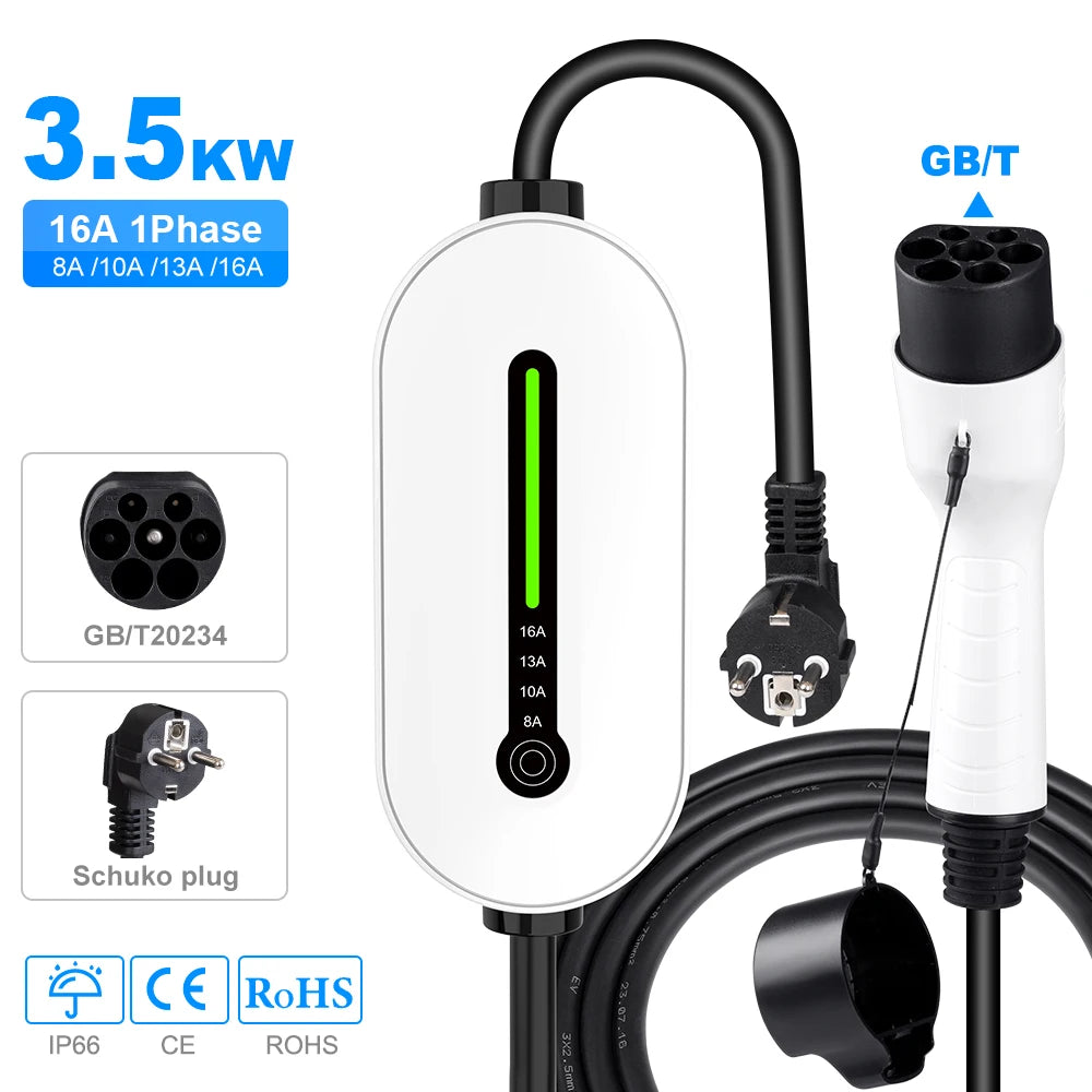IPENGEN EV Portable Charger Type2 /GBT Plug Connector 16A 1Phase 3.5KW Type1 3.5m Wallbox Charging Station for Electric Vehicle