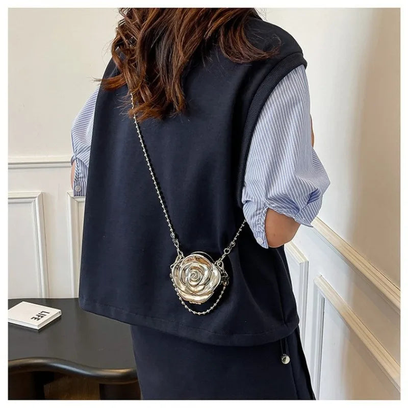 2026 new trendy camellia metal box bag handheld evening purse mini coin lipstick crossbody bag