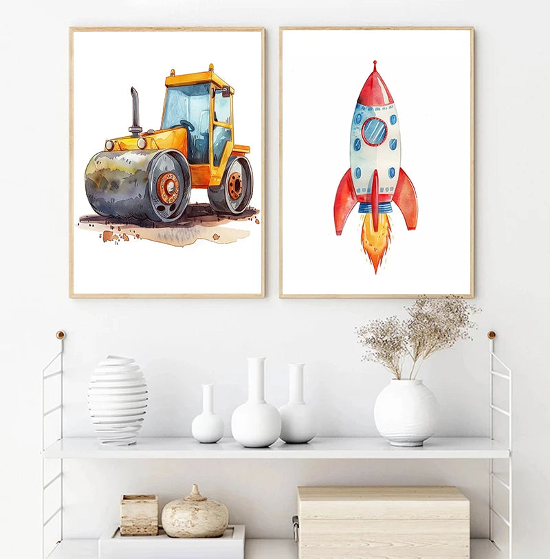 Helicopter Fire Truck Tractor  Airplane Rocket Canvas Painting Poster Nordic Wall Art Picture Kids Room Nursery Home Decor
