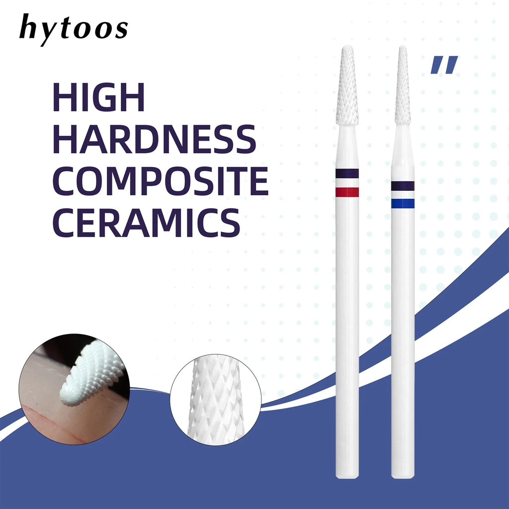 HYTOOS 1.5/2mm Cone White Composite Ceramic Nail Drill Bits High Hardness Pro E-file Bit for Cuticle Clean Gel Removal Tools