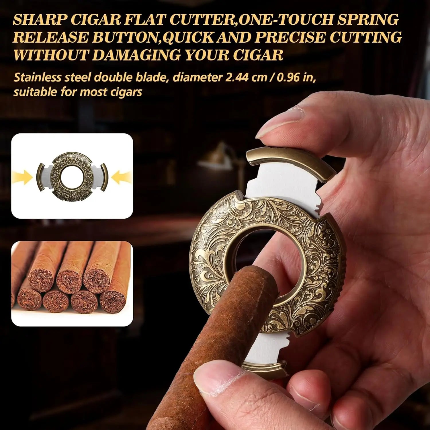 Cigar Cutter Guillotine Bronze Engraved Cigar Straight Cutter Round Shape Double Stainless Steel Blade Cigar Clipper