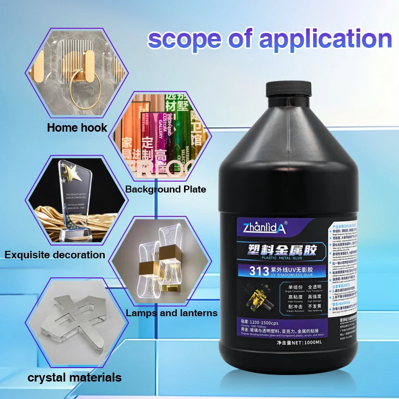 UV Shadowless Glue For Plastic Metal Crystal Clear Traceless 313 Super Glue Adhesive Bonded Acrylic Decorate Trophie Fast Curing