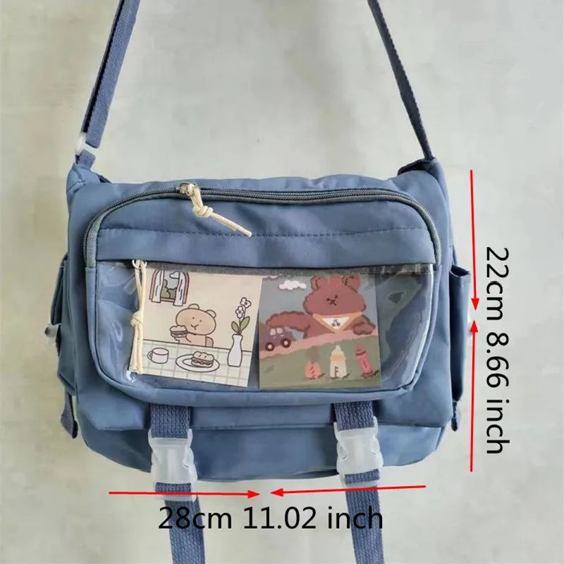 Kawaii Nylon Crossbody Bag, Clear Pocket Front Shoulder Bag, Student Flap Messenger Bag