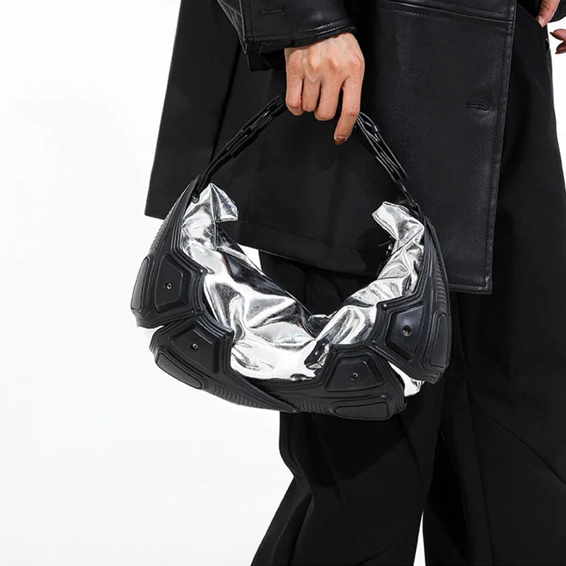 American Motorcycle Style Dumpling Armpit Bag For Women Casual Fashionable High Street PVC Splicing PU Pleated Crossbody Bags