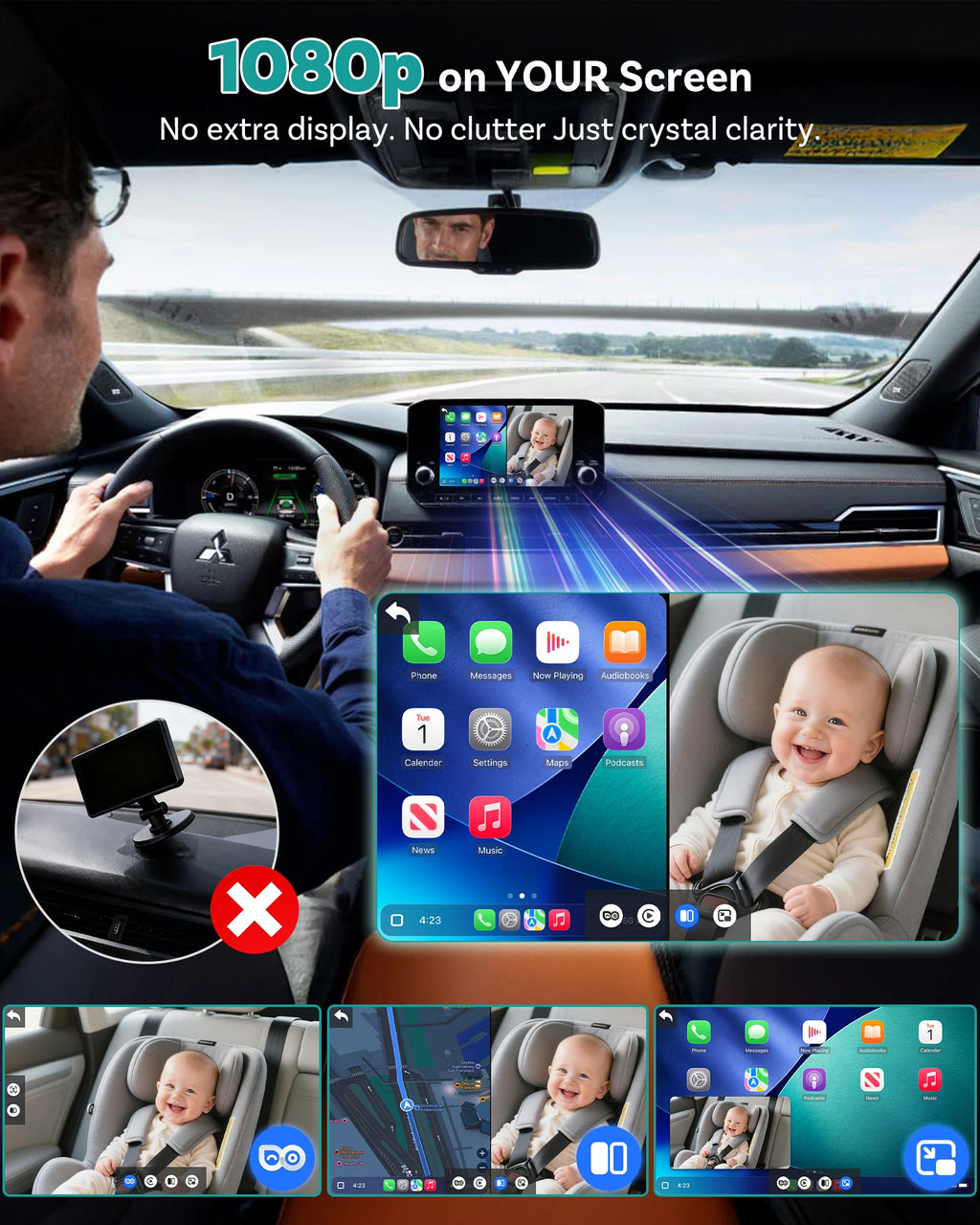 OTTOCAST Cabin Care Wired to Wireless Carplay Adapter Baby Car Camera HD 1080P 150° Wide Angle Night Vision Back‑Seat Monitor