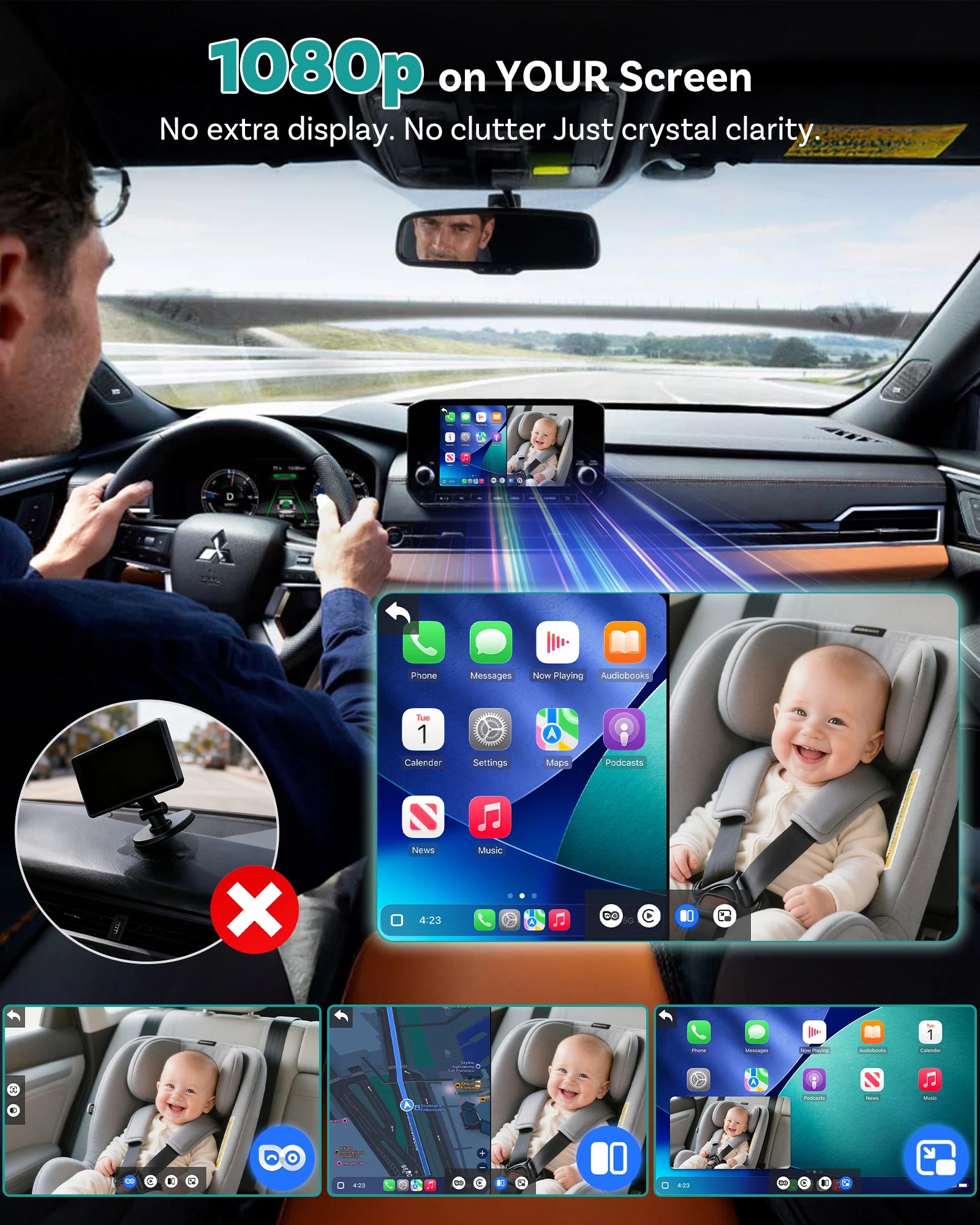 OTTOCAST Cabin Care Wired to Wireless Carplay Adapter Baby Car Camera HD 1080P 150° Wide Angle Night Vision Back‑Seat Monitor