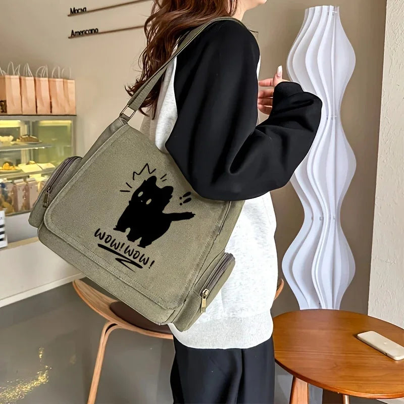 Women's Vintage OMG Cat Print Messenger Bag Large Capacity Crossbody Tote with Adjustable Strap Handbags Daily Commuting