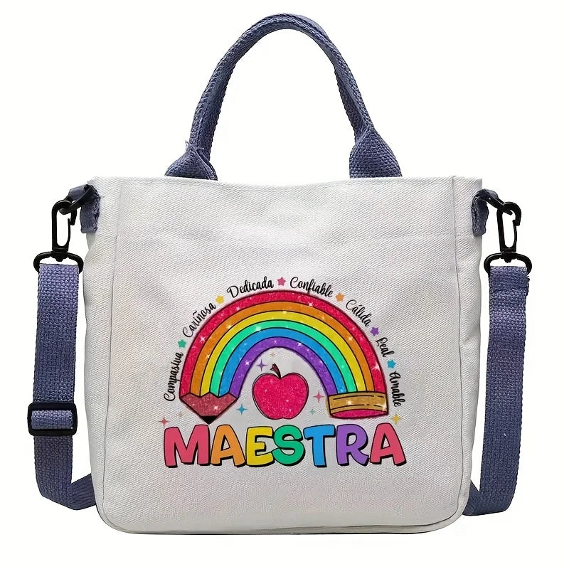 Maestra Printed Canvas Tote Bags with Adjustable Strap Casual Shoulder Bag Perfect Gift for Teachers and Friends, Teacher's Gift
