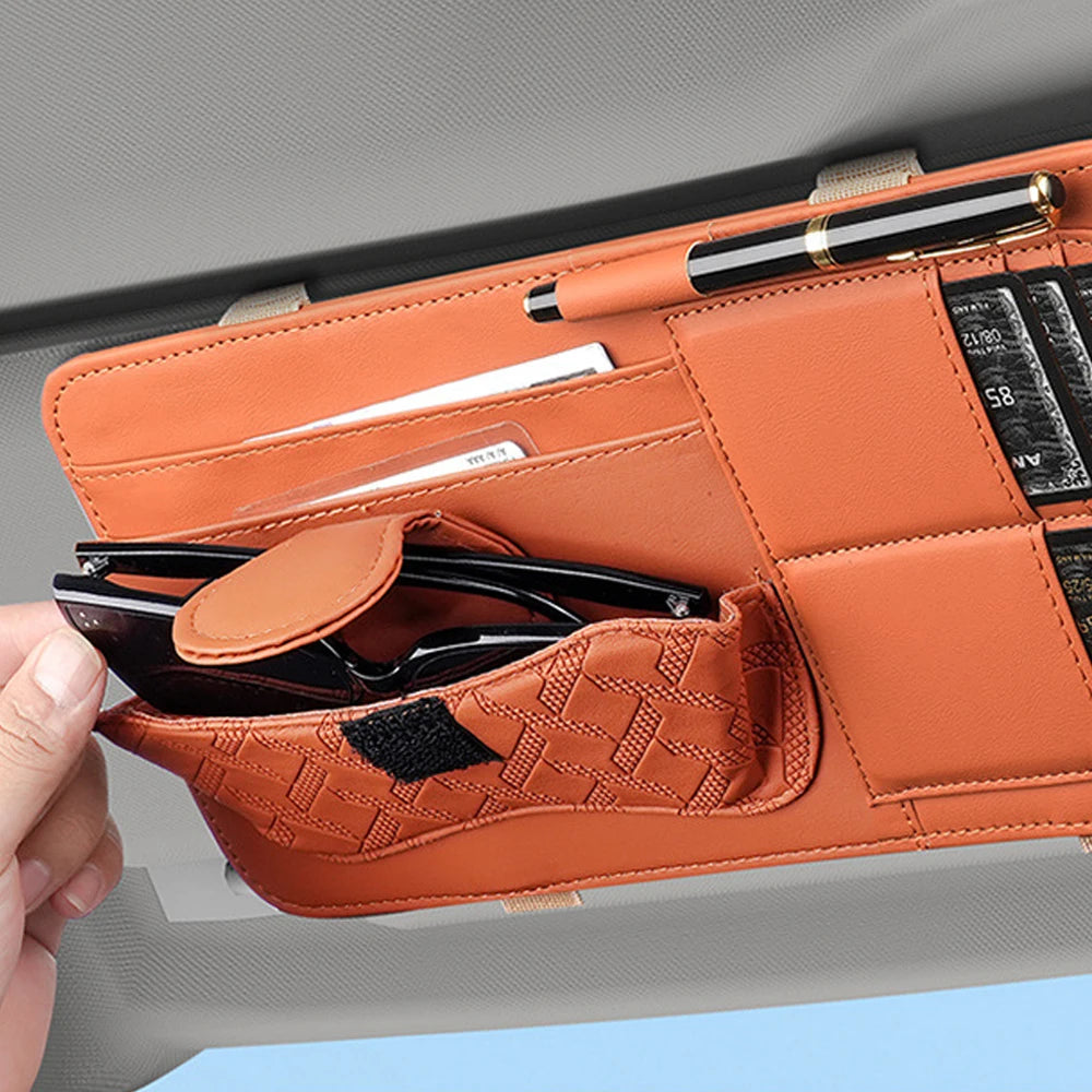 Car Sun Visor Glasses Holder Multi-Pocket Pouch Bag Storage Box Luxury PU Leather Eyeglasses Clip & Card Slots Car Interior
