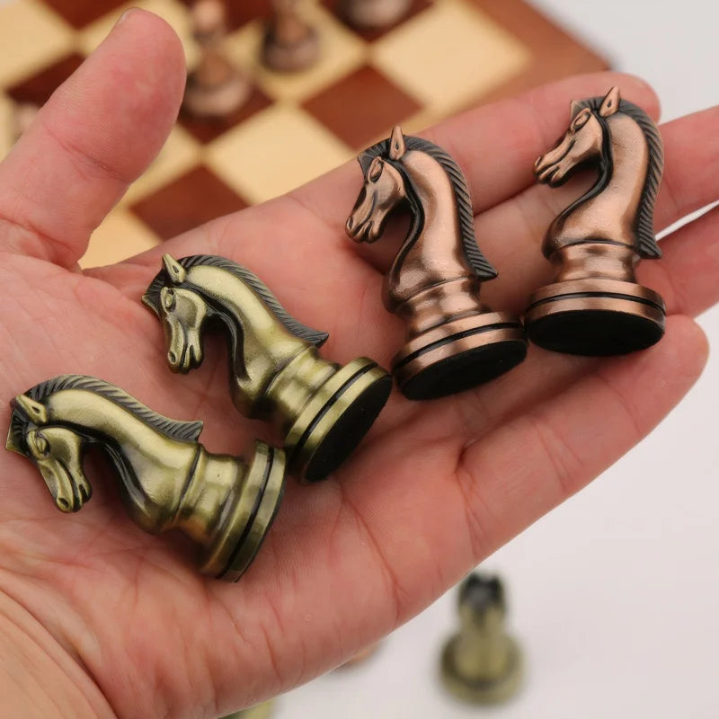 High end chess set 30cm/11.8inch antique bronze foldable solid wood box alloy weighted chess pieces Christmas holiday gift