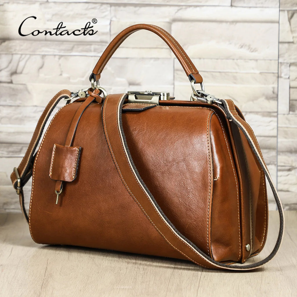CONTACT'S Genuine Leather Doctor Bags for Women Luxury Designer Sling Shoulder Bags Tote Handbags Metal Frame Female Handle Bags