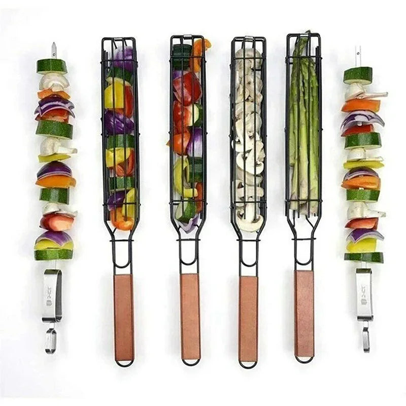 1pcs, Nonstick Stainless Steel Kebab Grilling Basket with Wooden Handle - Perfect for Hot Dogs, Sausages, and More