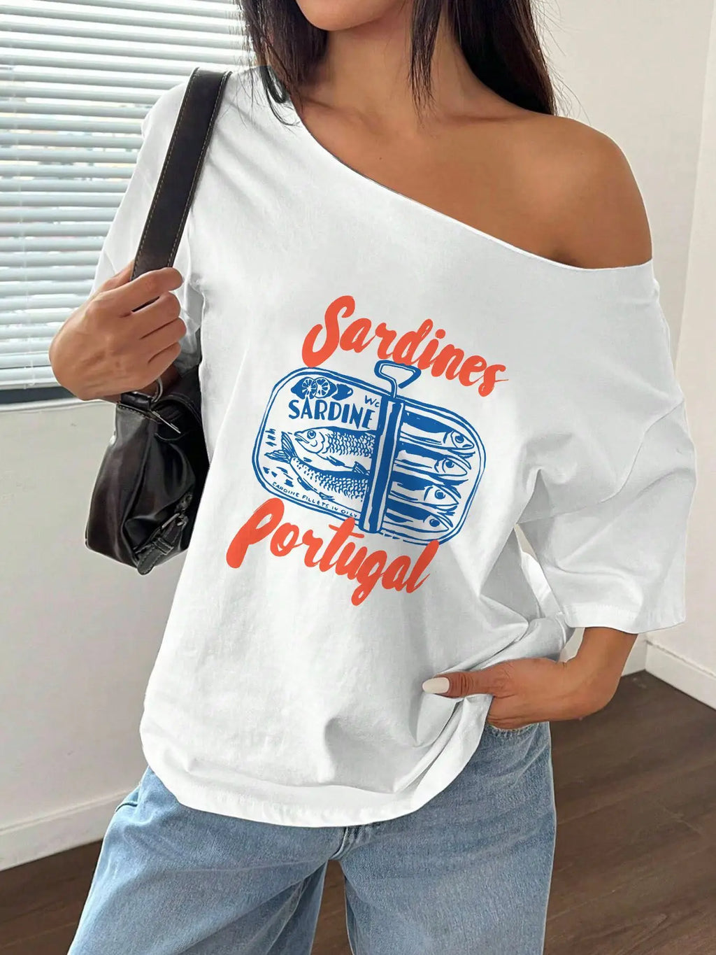 100% Cotton Plus Size Sardine Fish Print Shoulder Loose Print T-Shirt Oversized Y2K Style Graphic Tees Women Tops Summer Off