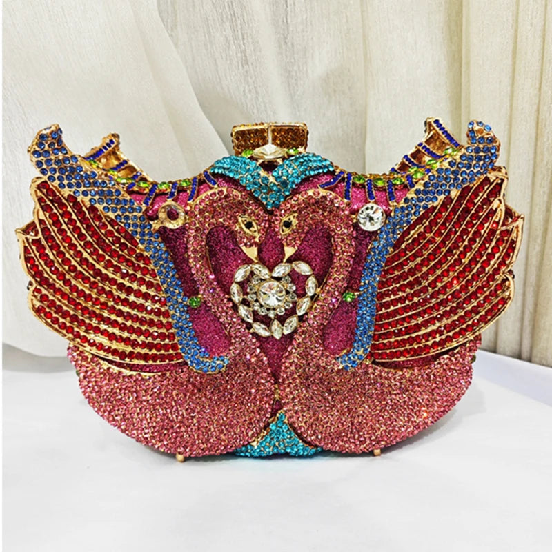Rhinestone Evening Bag Purses  Purple/Gold  Gold Metal Bag WHTUOHENG Female Diamond Swan Shape Prom Party Purses Phone Clutch