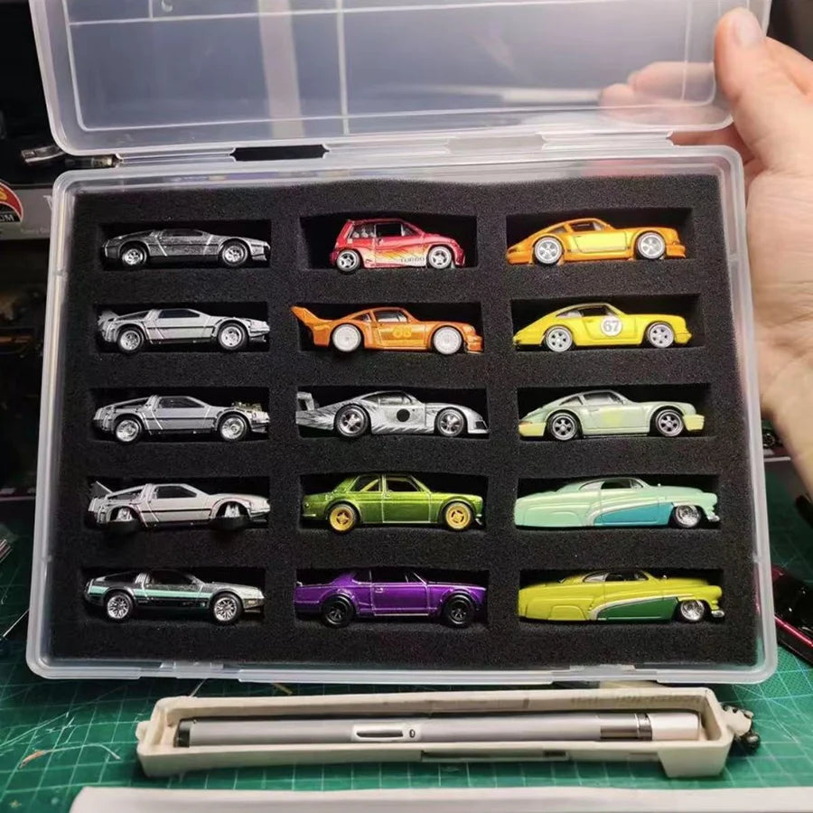 Transparent Storage Box with Lid and Cotton Plate, 15-position Display Case for 1/64 Car Models, Hot Wheels Showcase