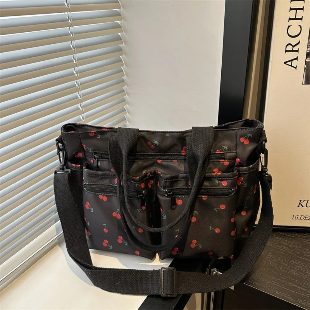 Casual Large Capacity Tote Bag Multi-Pocket Adjustable Strap Crossbody Bag Cherry Print Waterproof Shopping Bag