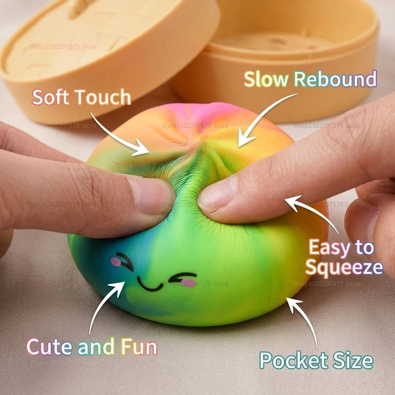 Rainbow Dumpling Squishies with Steamer Box Soft Stretchy Bao Bun Stress Relief Balls Sensory Fidget Squeeze Toys Anxiety Relief