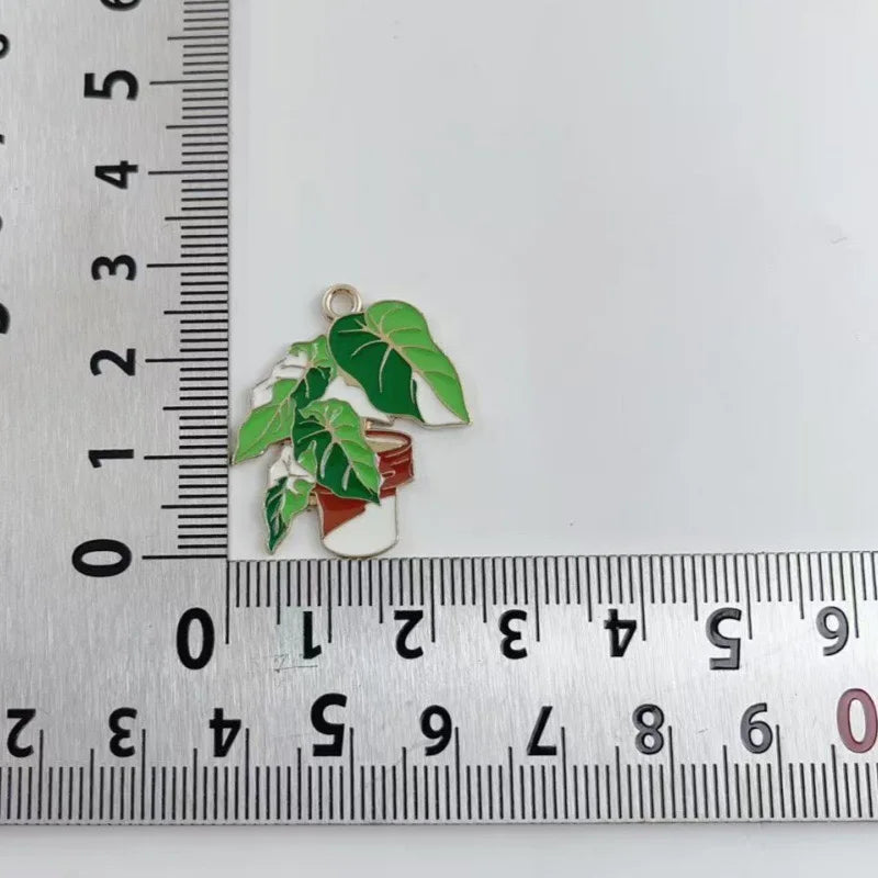 10pcs green succulent potted DIY accessories, banana leaf alloy pendants, keychains, earrings, hair accessories