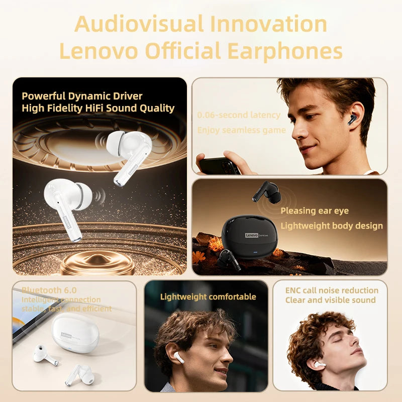Lenovo LE257 Earphones Wireless Bluetooth 6.0 Headphones Hifi Sound ENC Call Noise Reduction Gaming Sports Earbuds With Mic New