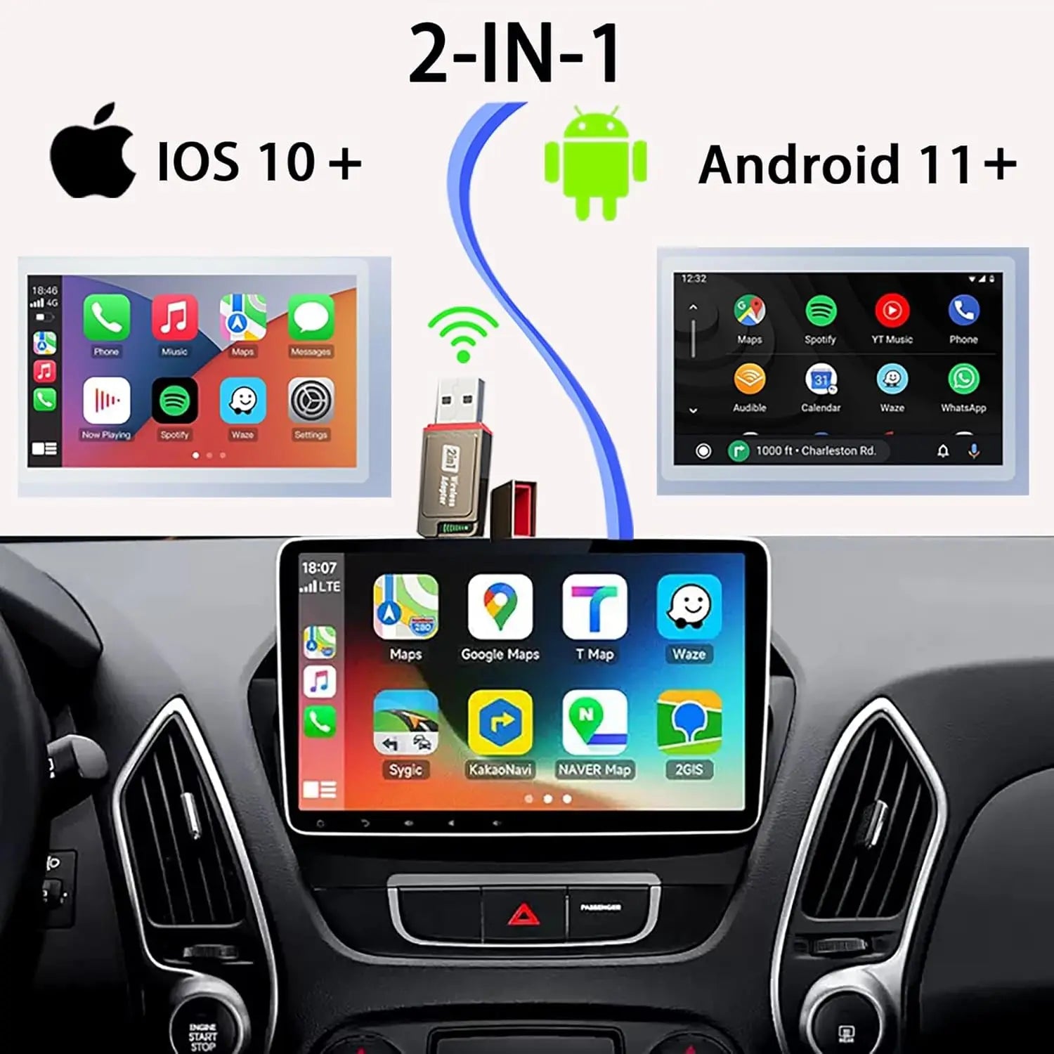 2-in-1 Wireless CarPlay Adapter 2026 Support Apple CarPlay & Android Auto, Fast Auto-Connect, No Latency, Mini Bluetooth Dongle Convert Wired to Wireless Compatible with iPhone & Android Black