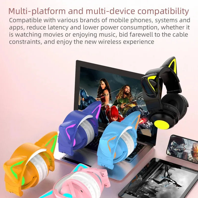 Head Mounted Cat Ear Glowing Bluetooth Earphones, High-definition Microphone, Foldable Storage, Compatible With Multiple Devices
