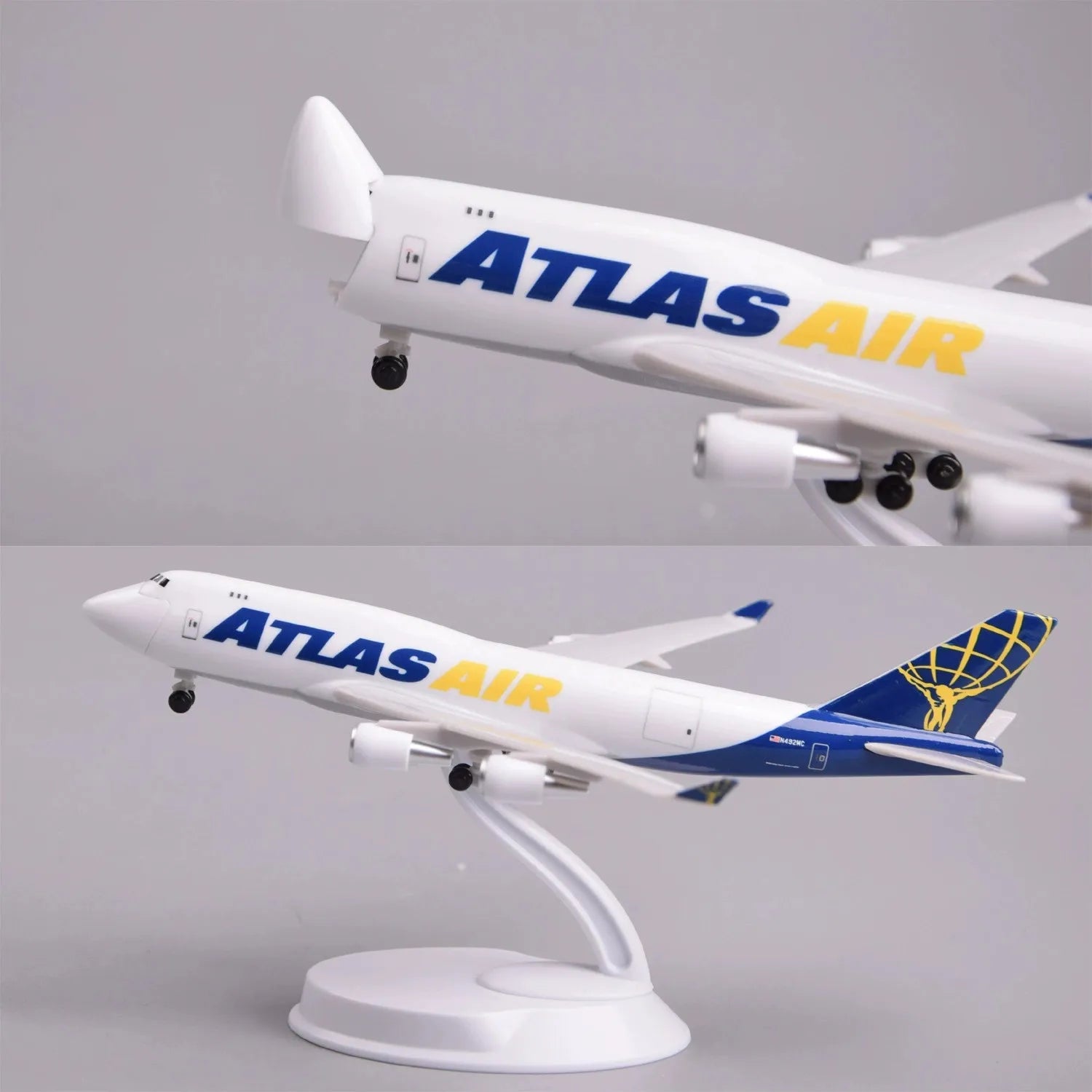 20CM Scale ABS Atlas Air Cargo B747 Airlines Openable Cargo Door Model Miniature Airplane Toy Model For Collections and Displays